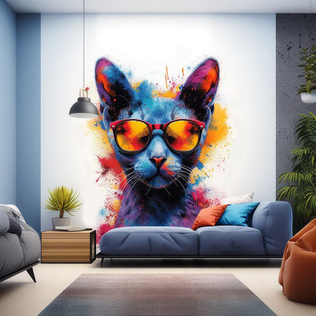 Colorful Watercolor Cat in Glasses Wall Decal - Vibrant Kitten Room Sticker Decor - Decords