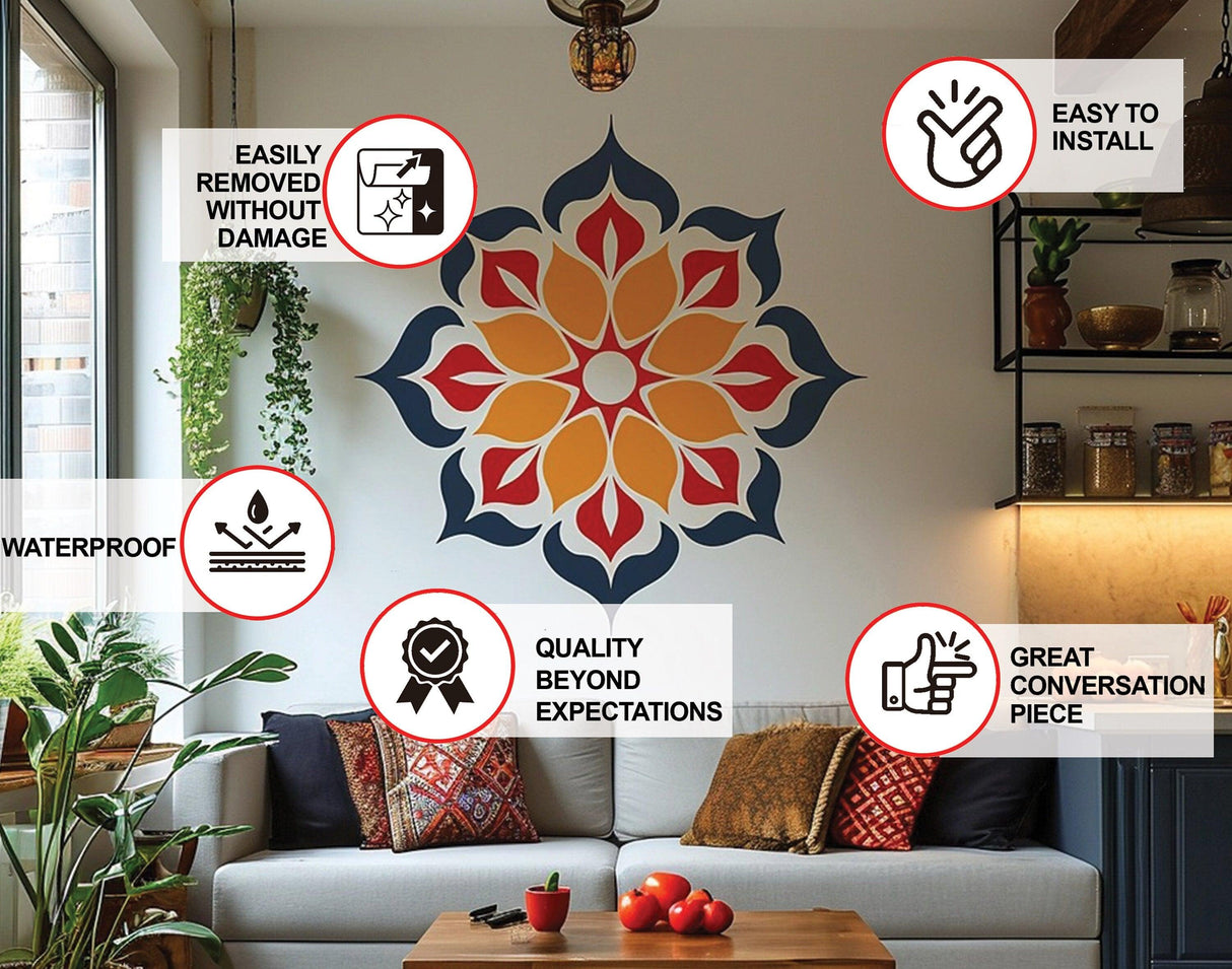 Vibrant Mandala Wall Sticker - Removable Vinyl Decal for Meditation and Yoga Space - Decords