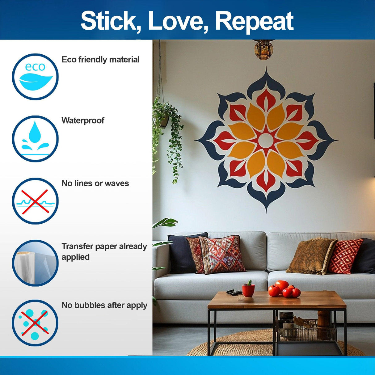 Vibrant Mandala Wall Sticker - Removable Vinyl Decal for Meditation and Yoga Space - Decords